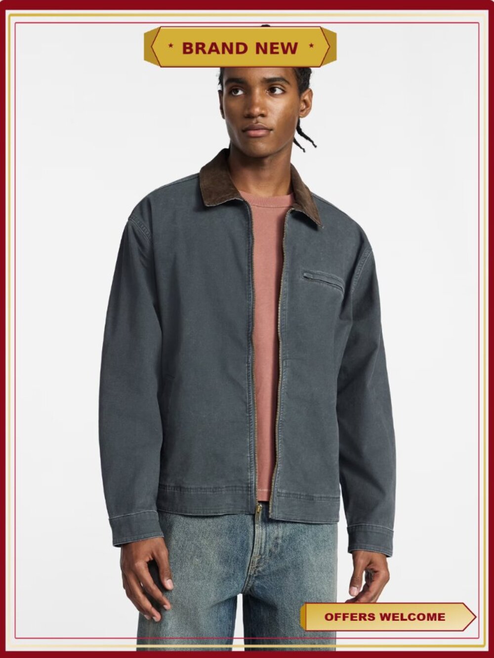 Men's Full Zip Work Jacket Long Sleeves Relaxed Fit